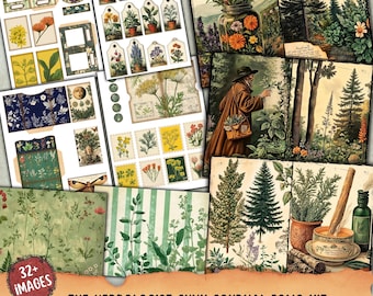 May include: A collection of vintage-style botanical ephemera, including tags, journal pages, and illustrations. The images feature herbs, flowers, and a figure in a brown coat. The text reads "The Herbologist Junk Journal Folio Kit" and "32+ Images".