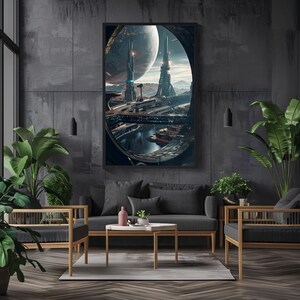 Op de afbeelding: Een ingelijste print van een futuristische stad met hoge gebouwen en een grote, ronde planeet op de achtergrond. De stad is omringd door een waterlichaam en is verlicht met lampen.