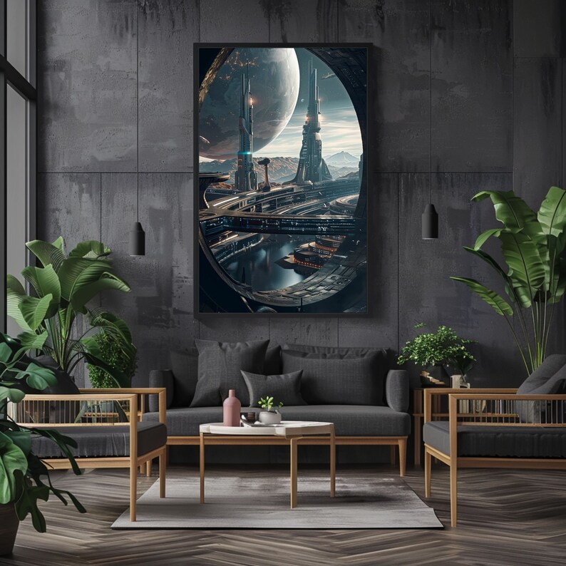 Op de afbeelding: Een ingelijste print van een futuristische stad met hoge gebouwen en een grote, ronde planeet op de achtergrond. De stad is omringd door een waterlichaam en is verlicht met lampen.