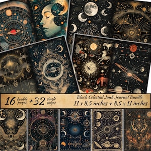 Schwarzes Junk Journal Bündel, Mond Junk Journal Kit, Astronomie Mond, druckbares himmlisches Scrapbook Papier, Astronomie Journal Ephemera