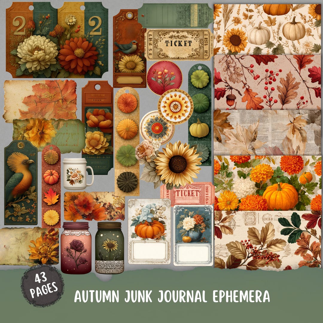 Autumn Junk Journal Ephemera, Fall Vintage TAG, Label, Botanical Fussy ...