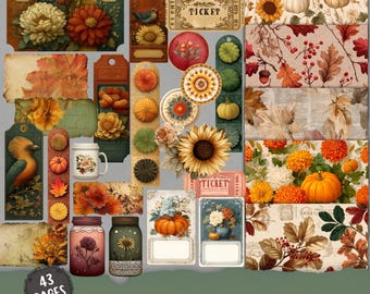 Efímera de diario basura otoñal, etiqueta vintage de otoño, recorte botánico, álbum de recortes de calabaza estilo shabby chic, paquete de papel imprimible acogedor de otoño