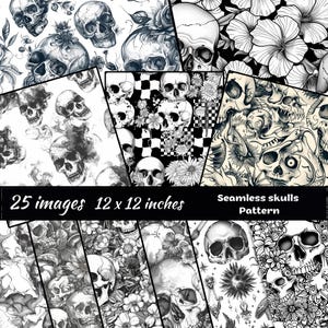 Tattoo nahtlose digitales Muster, Tattoo Themen Muster, Schädel Halloween Einklebebuchpapier, nahtloses schwarzweißes gotisches Papier, Goth Hintergrund