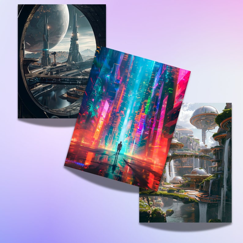 Op de afbeelding: Drie digitale kunstprints die futuristische stadsgezichten afbeelden. De eerste print toont een ruimtestation met een grote maan op de achtergrond. De tweede print toont een stad met hoge gebouwen en een fel licht in het midden. De derde print toont een stad met watervallen en weelderig groen.