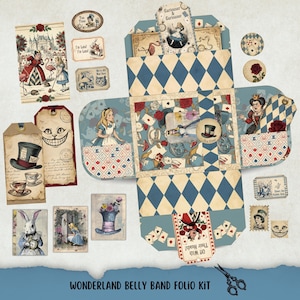 May include: A Wonderland Belly Band Folio Kit featuring Alice in Wonderland imagery. The kit contains tags, cards, and a decorative box with diamond patterns and illustrations of characters such as the Mad Hatter and the Cheshire Cat. The text "Tea Time" is visible.