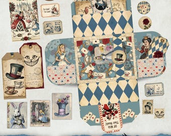 May include: A Wonderland Belly Band Folio Kit with various Alice in Wonderland themed ephemera. The kit includes tags, cards, and a decorative box with diamond patterns and illustrations of characters like the Mad Hatter and the Cheshire Cat. The text "Tea Time" is visible.