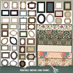 May include: A collection of printable vintage card frames in various shapes and colors, including oval, rectangular, and ornate designs. The frames are in shades of brown, gold, green, and white. Floral patterned paper strips are also included. The text "Printable Vintage Card Frames" is at the bottom.