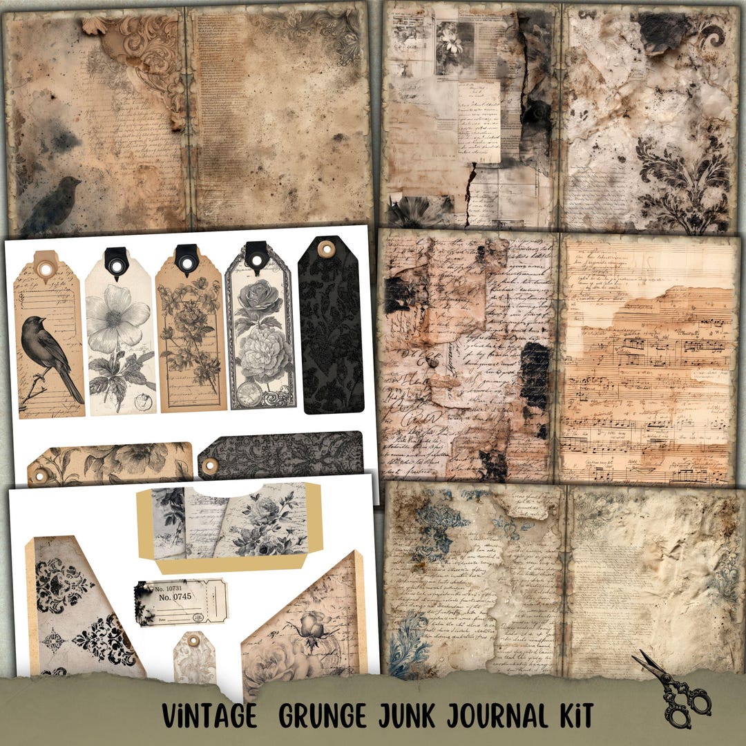 Vintage Grunge Junk Journal Kit, Printable Black Tag, Pocket, Dark ...