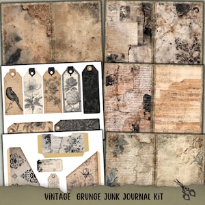 Könnte beinhalten: Ein Vintage-Grunge-Junk-Journal-Kit mit gealterten Papierhintergründen, Tags und Ephemera. Das Kit enthält verschiedene Designs mit Blumen- und Vogelillustrationen, handschriftlichem Text und dekorativen Elementen in Braun-, Beige- und Schwarztönen. Der Text "VINTAGE GRUNGE JUNK JOURNAL KIT" ist sichtbar.