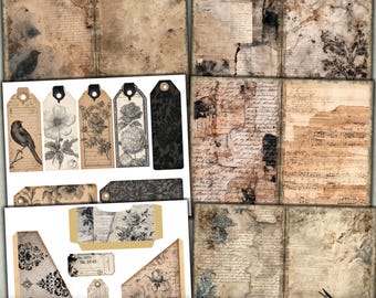 Vintage  Grunge Junk Journal Kit, Printable Black tag, pocket, Dark Gothic Fussy cut, Scrappy Papers, Mixed Media art