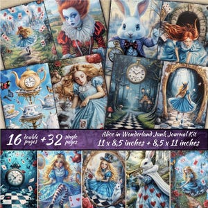 Alice in Wonderland Junk Journal Kit, scrapbookingpagina's Paper Craft, kortstondige kaarten maken, fantasie vintage afdrukbare pagina's, Alice Adventure