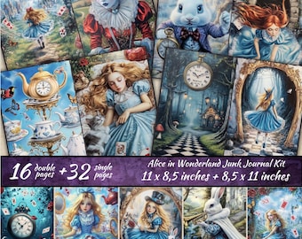 Kit de diário de Alice no País das Maravilhas, scrapbooking de fantasia, aventuras de Alice, kit de itens para chá da tarde, páginas de colagem de relógio de coelho