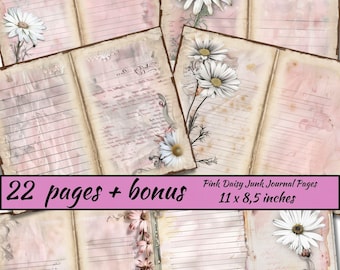 May include: 22 pages plus bonus pages of pink and white floral patterned journal pages with lined paper. The pages are 11 by 8.5 inches.