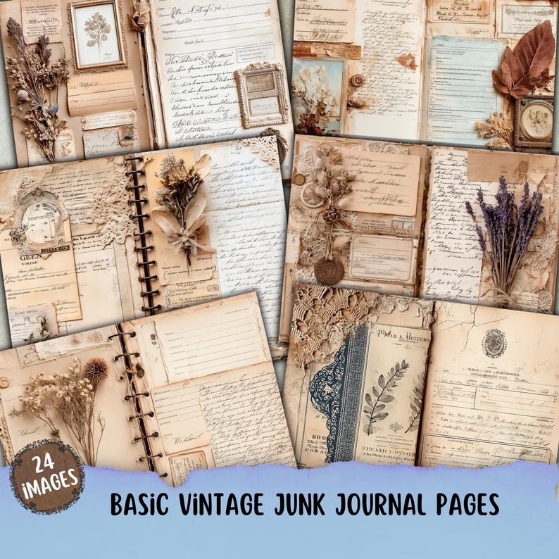 May include: A collection of 24 basic vintage junk journal pages. The pages feature aged paper, handwritten script, dried flowers, and decorative elements. The pages are bound with a black spiral binding and are ideal for scrapbooking and journaling.
