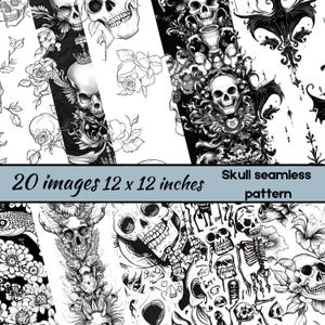 Tattoo seamless pattern, Skull seamless file, Horror seamless files, gothic skull decopouge paper, Seamless Black and White Gothic paper