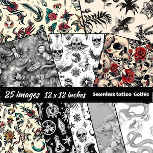 Padrões temáticos de tatuagem, papel de scrapbook de Halloween com caveira sem costura, fundo gótico, padrão de esqueletos, papel gótico preto e branco sem costura