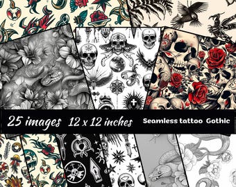 Tattoo Themed Patterns, Seamless skull Halloween scrapbook paper, Goth background, skeletons pattern, Seamless Black and White Gothic paper