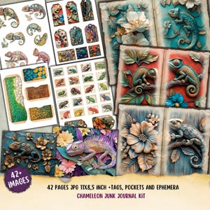 CHAMELEON junk Journal Kit, digitale Collage Sheet, bedruckbare Folio, Journalseiten, Ephemera, Tierpapier, Tasche, Tag, Scrapbook, Kartenherstellung