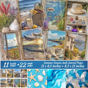 Páginas de diário de verão, praia, viagem, colagem cottagecore para impressão, fundo de oceano, cartão ATC, papel azul para praia, kit de scrapbook