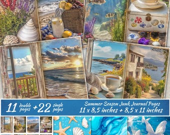 Summer Season Junk Journal Pages, Beach, Travel, Cottagecore Collage Printable, Ocean Background,ATC card, Blue Seaside Paper, Scrapbook Kit