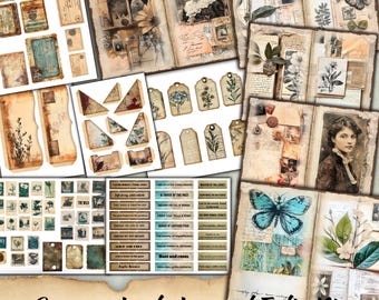 Grunge Junk Journal Folio Kit, Text label Printable word Tag, Distressed Paper Printable, Vintage Ephemera, Grungy Background, Collage Sheet