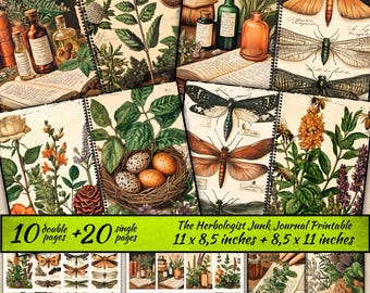 May include: A printable junk journal kit with botanical illustrations, featuring insects, plants, and vintage bottles. The kit includes 10 double pages and 20 single pages, measuring 28 x 21.5 cm and 21.5 x 28 cm.