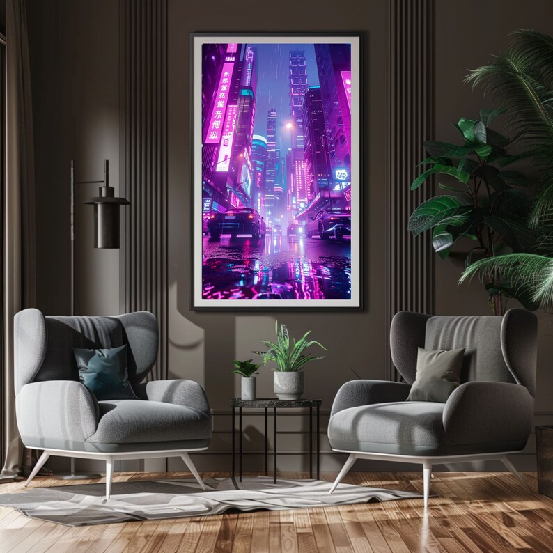 Op de afbeelding: Een digitale kunstprint van een straat in de stad 's nachts met neonverlichting en auto's die door plassen rijden die de lichten reflecteren.