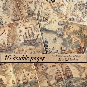 May include: Ten double-sided pages of vintage-style pirate ship maps, perfect for junk journaling. Each page is 11 x 8.5 inches.