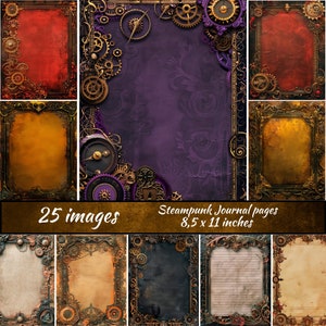 Steampunk Journal Papier, druckbares Gothic Scrapbook Kit, Vintage Ephemera, druckbarer Industrial Grunge, Steampunk Bordüren, mechanischer Rahmen
