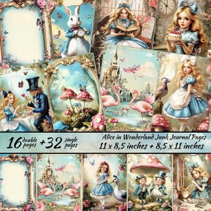 Pages du journal indésirable d'Alice au pays des merveilles, papiers pour collage, téléchargement imprimable, inspiré des aventures d'Alice, lapin, champignon, Alice Ephemera