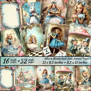 Alice in Wonderland Junk Journal Pages,  Collage Papers, Printable Download, Alice&#39;s Adventure Inspired, Rabbit, Mushroom, Alice Ephemera