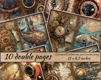 Steampunk submarine junk journal pages, Vintage Journal Papers, Digi Collage Sheet, Mechanical Scrapbook Kit, Vintage Ephemera, Grunge art