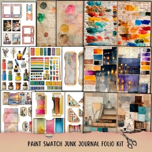 May include: A collection of watercolor-themed junk journal ephemera. The kit includes paint swatches, art supplies, and decorative elements. The color palette features a mix of vibrant and muted tones, with a vintage aesthetic. The text "PAINT SWATCH JUNK JOURNAL FOLIO KIT" is visible.