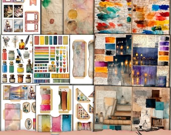 Paint Swatch Junk Journal Folio Kit, Vintage ledger, Scrapbook kit, Art fussy cut,Palette Ephemera, Background Mixed Media,Coffee Dyed paper