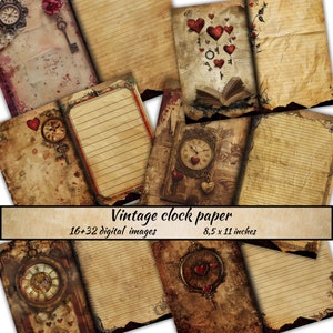 Leeres gefüttertes Junk Journal Kit, Junk Journal Basic Papier, Druckbare Shabby Seite, Collage Sheet, Scrapbook, Kaffee gefärbtes Papier, Vintage Uhr