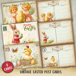 carte postale de Pâques vintage, carte de voeux rustique imprimable, carte ancienne en papier rétro, coupe délicate vintage, journal indésirable, carte de voeux oeuf de lapin