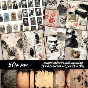 Puede incluir: Un kit de diario basura de temática gótica con ilustraciones de murciélagos, calaveras y otras imágenes espeluznantes. La imagen muestra una variedad de páginas, con tamaños de 27,9 x 21,6 cm y 21,6 x 27,9 cm. El kit incluye más de 50 páginas. El texto "Monster Ephemera Junk Journal Kit" es visible.