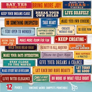 Pode incluir: Uma coleção de placas retangulares com várias frases motivacionais em diferentes cores e fontes, incluindo Say Yes To New Ideas, Bring More Joy, Make Your Ideas Visible, Keep Your Dreams Close, Break Your Own Rules e Live Bravely.