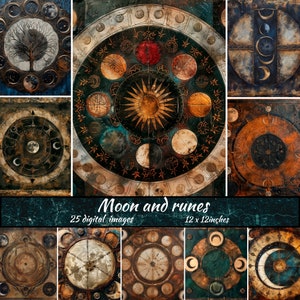 Papel digital de lua e runas, baixar papel de scrapbook para impressão de lua, papéis de scrapbook para impressão de lua, fundo vintage de lua e runas