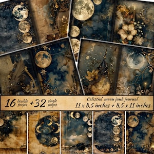 Celestial Moon Junk-dagboekpagina's, collageblad mystieke ster, ephemera vintage nachtelijke hemel, afdrukbare astronomie, digitale plakboekkit