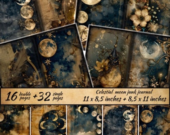 Celestial Moon Junk Journal Pages, Mystical Star Collage Sheet, Vintage Night Sky Ephemera, Astronomy Printable, Digital Scrapbook Paper Kit