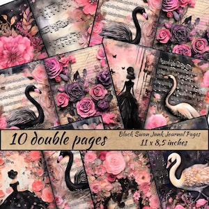 Páginas de diario basura de cisne negro, páginas de diario y efímeras con rosas rosas Shabby Chic, flores, descarga digital imprimible, scrapbooking floral