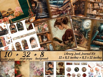 Library Junk Journal Kit, Cottagecore Pages, Old Book Digital Paper, Victorian Library, Reading Collage Sheet, Antique Library images