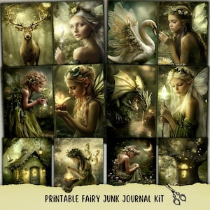 Puede incluir: Un conjunto de impresiones artísticas de fantasía con hadas, un cisne, un ciervo y un dragón. Las imágenes son en tonos verdes, dorados y marrones, con una estética vintage. El texto en la parte inferior dice "PRINTABLE FAIRY JUNK JOURNAL KIT".