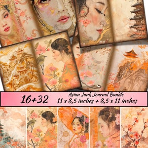 Lot de journaux indésirables asiatiques, téléchargement de Sakura japonais, éphémères japonais, fond asiatique, fond asiatique, papier journal lanterne chinoise