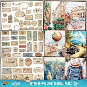 Könnte beinhalten: Eine Sammlung von Reise-Ephemera im Vintage-Stil mit Gepäckanhängern, Bahntickets und Konzertkarten sowie Aquarellillustrationen eines grünen Busses, des Kolosseums, eines Heißluftballons, eines Oldtimers und eines Rucksacks mit Hut.