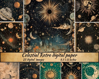 Celestial Retro digital paper, download zodiac Printable Scrapbook Paper, printable Galaxy junk journal, magic Celestial background card