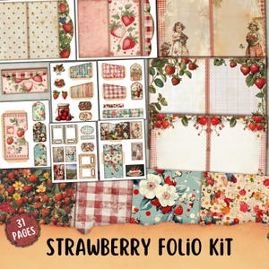 Kit folio fraise, étiquette, documents éphémères, fournitures pour carnets de voyage, folio imprimable, créations en papier, téléchargement botanique, fruits d'été, papier de scrapbooking