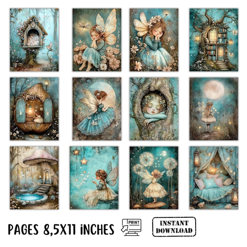 May include: Twelve fantasy art prints showcasing fairies in diverse settings. The prints are in teal and blue tones with whimsical elements. The text "PAGES 8.5x11 INCHES" and "INSTANT DOWNLOAD" are visible.