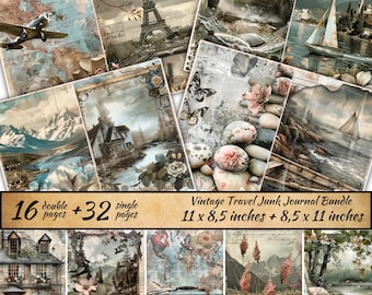 May include: A digital collage of vintage travel images, including a map, Eiffel Tower, a sailboat, a house, and flowers. The collage is made up of 16 double pages and 32 single pages, measuring 11 x 8.5 inches and 8.5 x 11 inches.